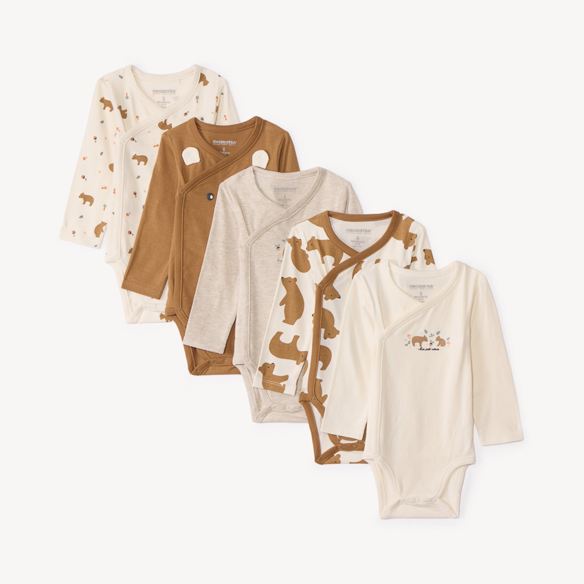 Lot de 5 bodies manches longues Ours pour bébé garçon avec ouvertures différentes selon l'âge