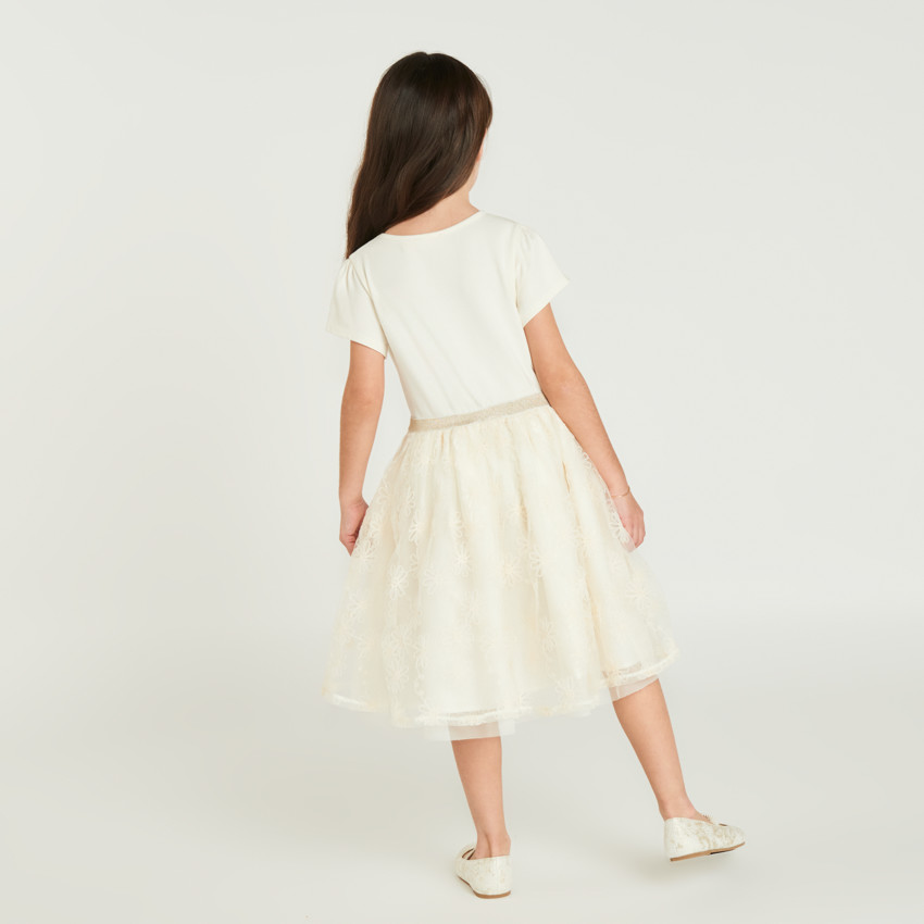 Robe manches courtes effet 2 en 1 en tulle brodé pour fille 