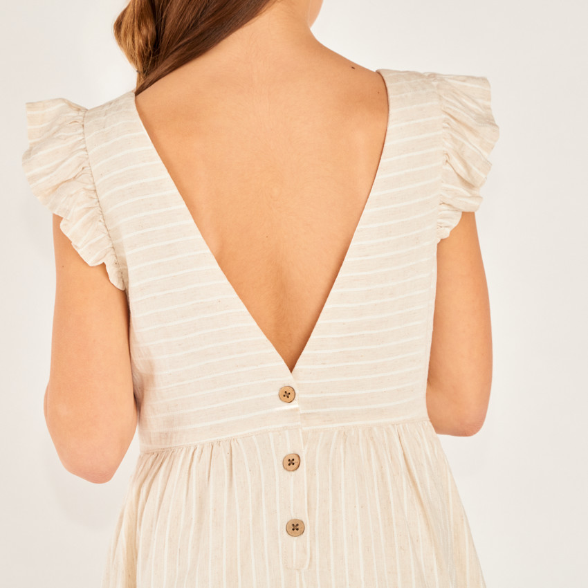 Robe manches courtes en toile à rayures avec dos en V pour fille 