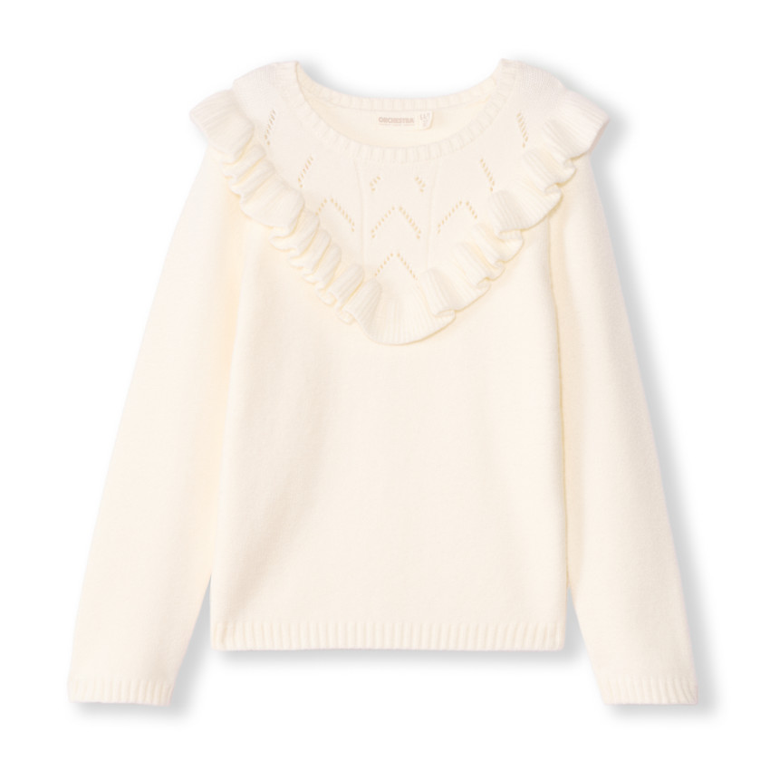 Pull à manches longues en tricot fantaisie avec volants et torsades pour fille 