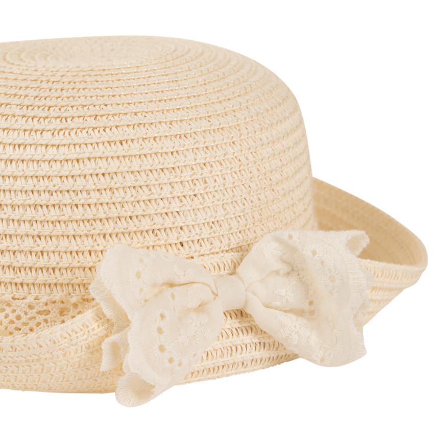 Chapeau tressé avec nœud en broderie anglaise pour bébé fille 