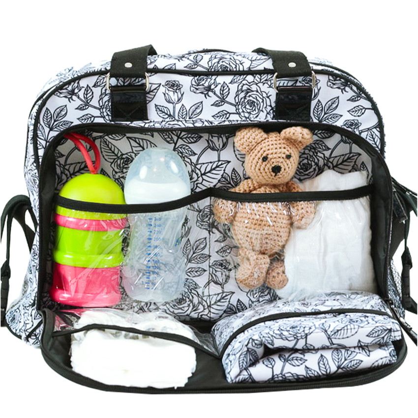 Sac à langer Simply Baby Bag imprimé roses blanc/noir 