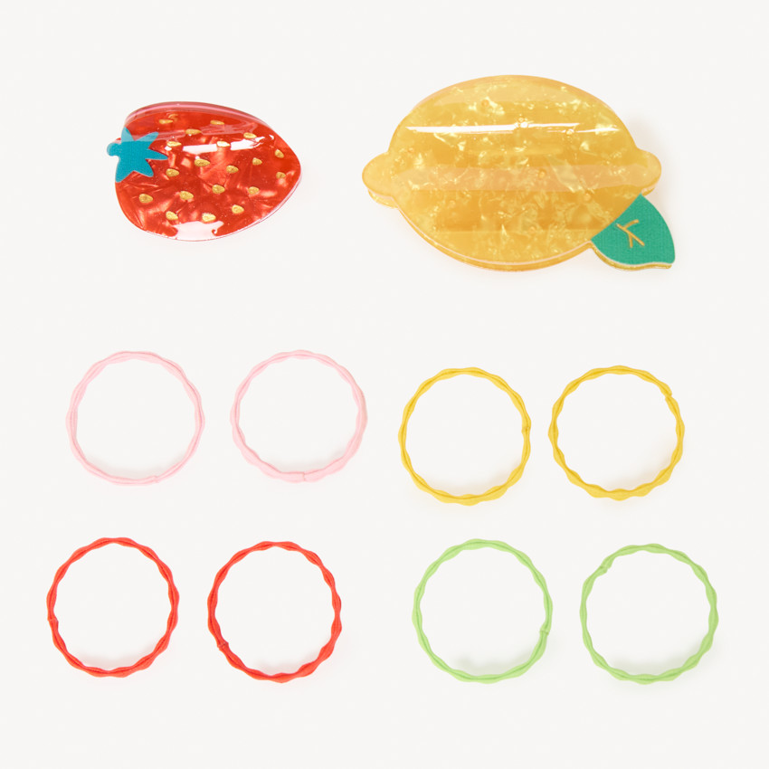 Lot de 2 pinces citron et fraise + 10 élastiques pour fille 