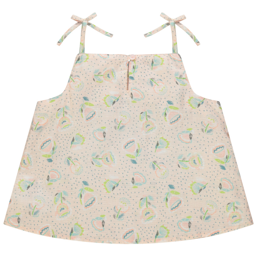 Top volanté en coton et lin à fleurs pintées all-over 
