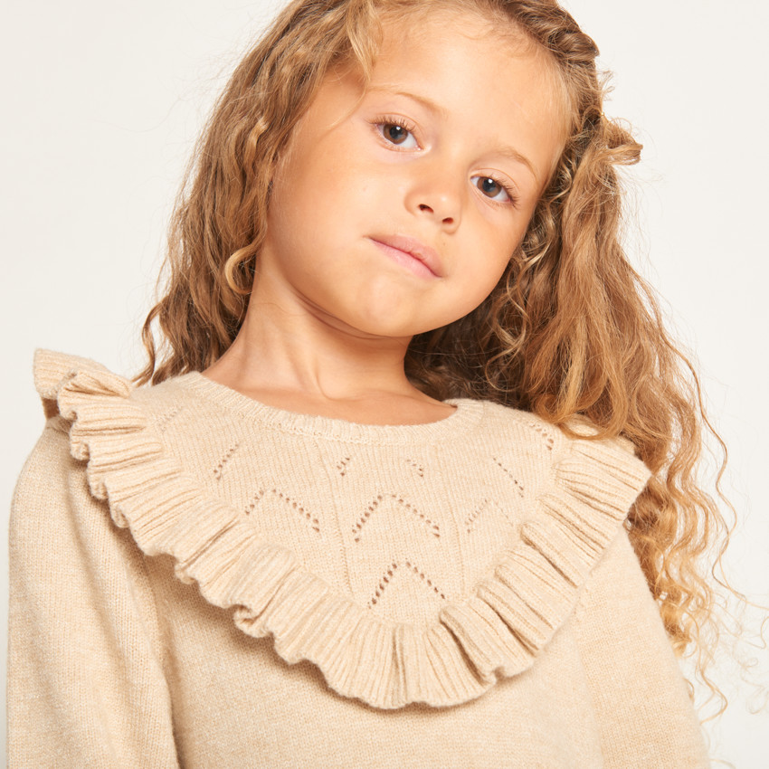 Robe en tricot uni et ajouré avec volants pour fille  