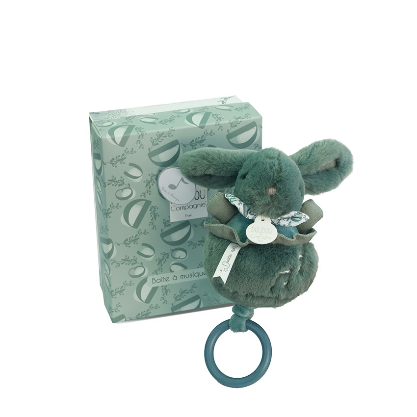 Peluche lapin doudou boîte à musique vert sauge  