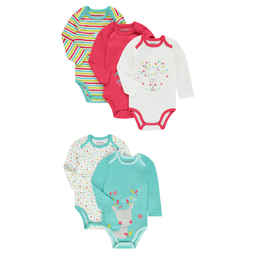 Lot de 5 bodies en jersey avec cerf printé et motifs fantaisie 