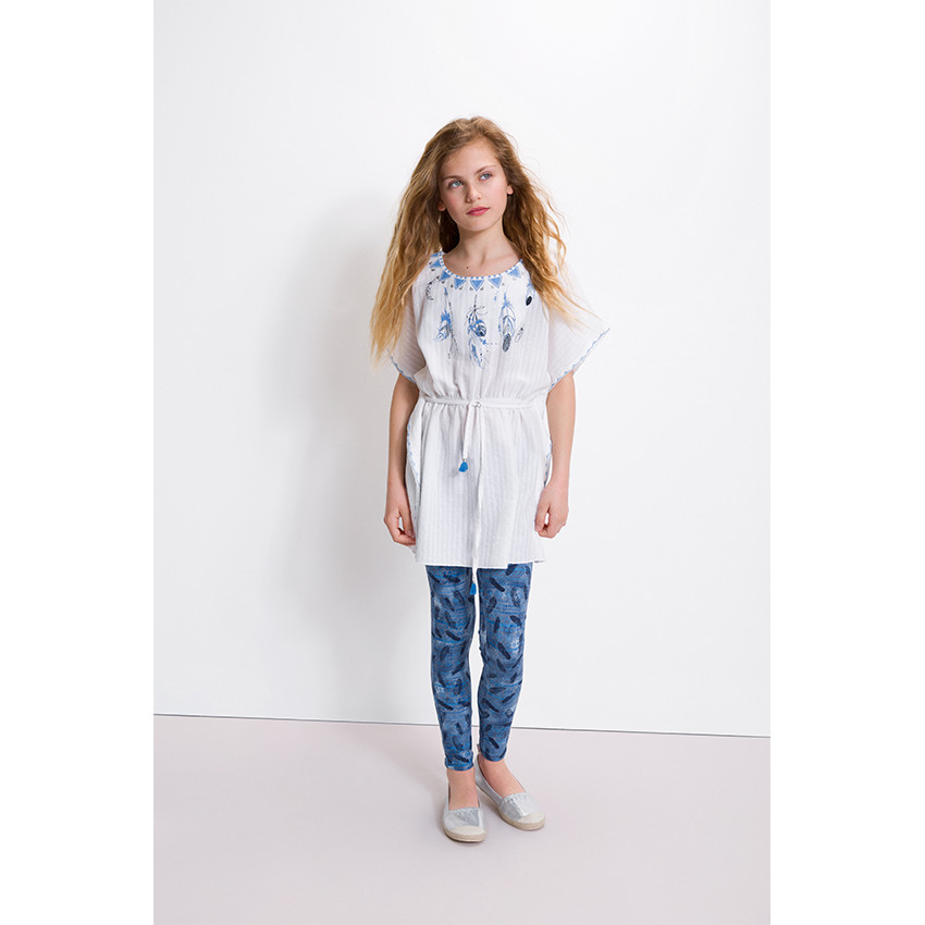 Junior - Tunique poncho en voile print plumes et lien à pompons 
