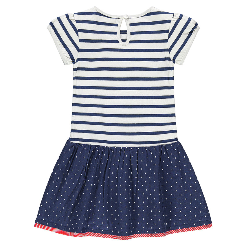 Robe manches courtes marinière avec noeud cousu et volant à pois 