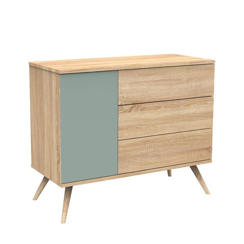 Commode à 3 tiroirs et 1 porte Seventies aspect chêne doré/sauge 