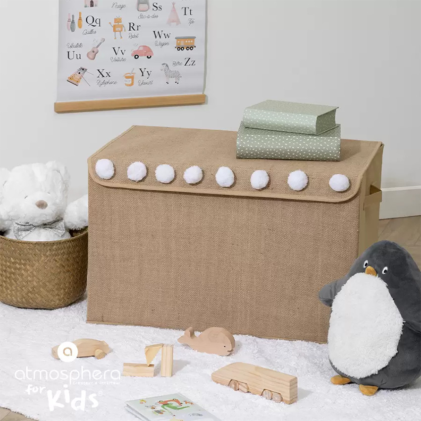 Coffre de rangement en jute et pompons fantaisie 36 x 57 cm 