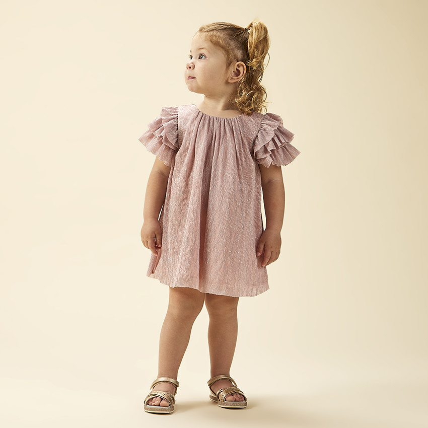 Robe de fête manches courtes brillante effet plissé pour bébé fille