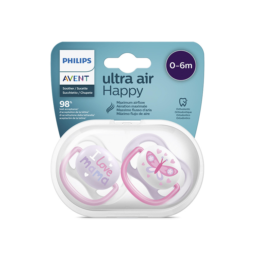 Lot de 2 sucettes silicone Ultra Air 0-6M happy (modèle aléatoire) 
