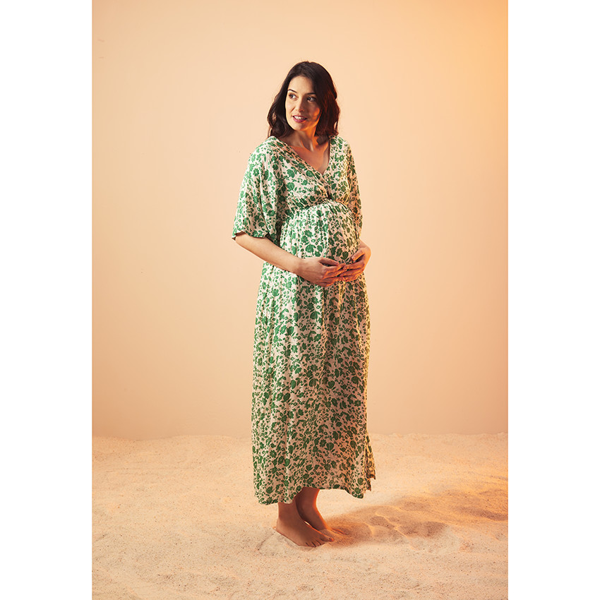 robe longue manches 3/4 imprimé floral pour femme - vert