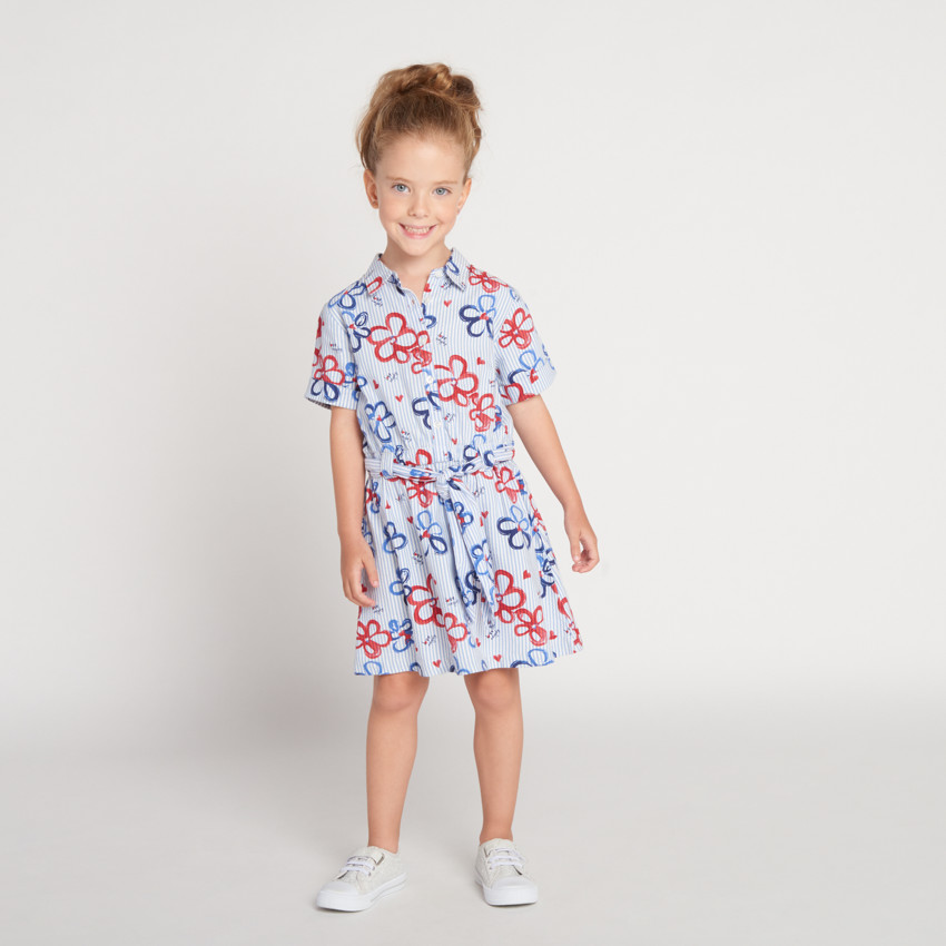 Robe chemise manches courtes imprimée fleurs avec rayures pour fille