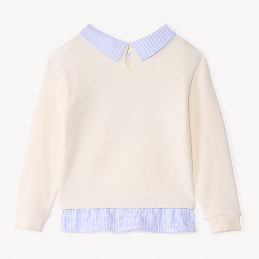Sweat molleton avec col en popeline rayée et broderie pour fille 