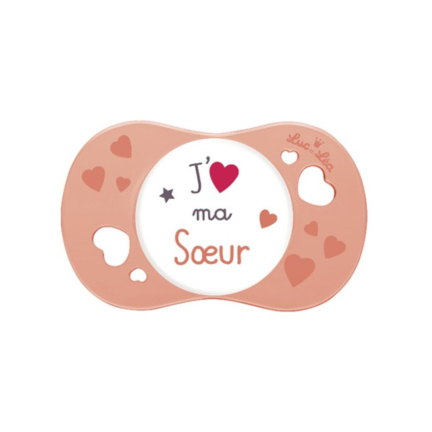 Sucette silicone symétrique - "J'aime ma soeur" ou  "J'aime mon frère" 