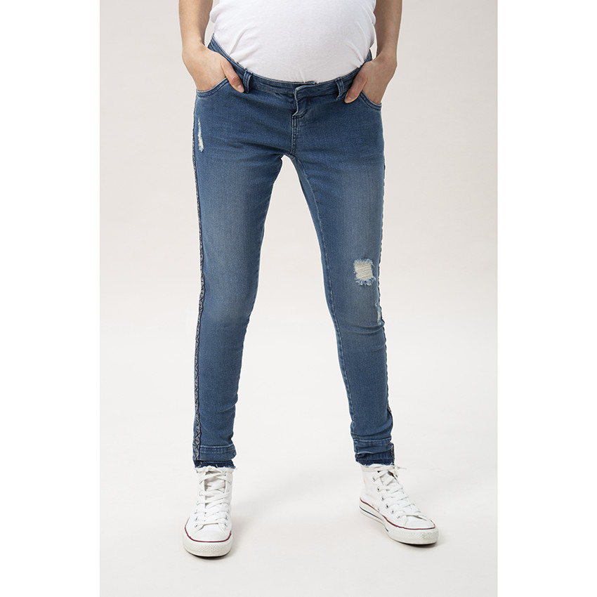 Jean de grossesse slim effet used à bandes imprimées appliquées 