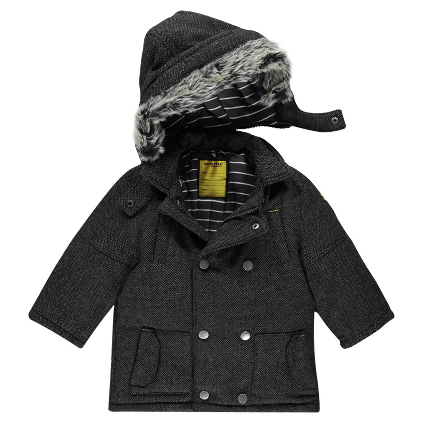 Caban à capuche et fourrure amovibles avec badges patchés 