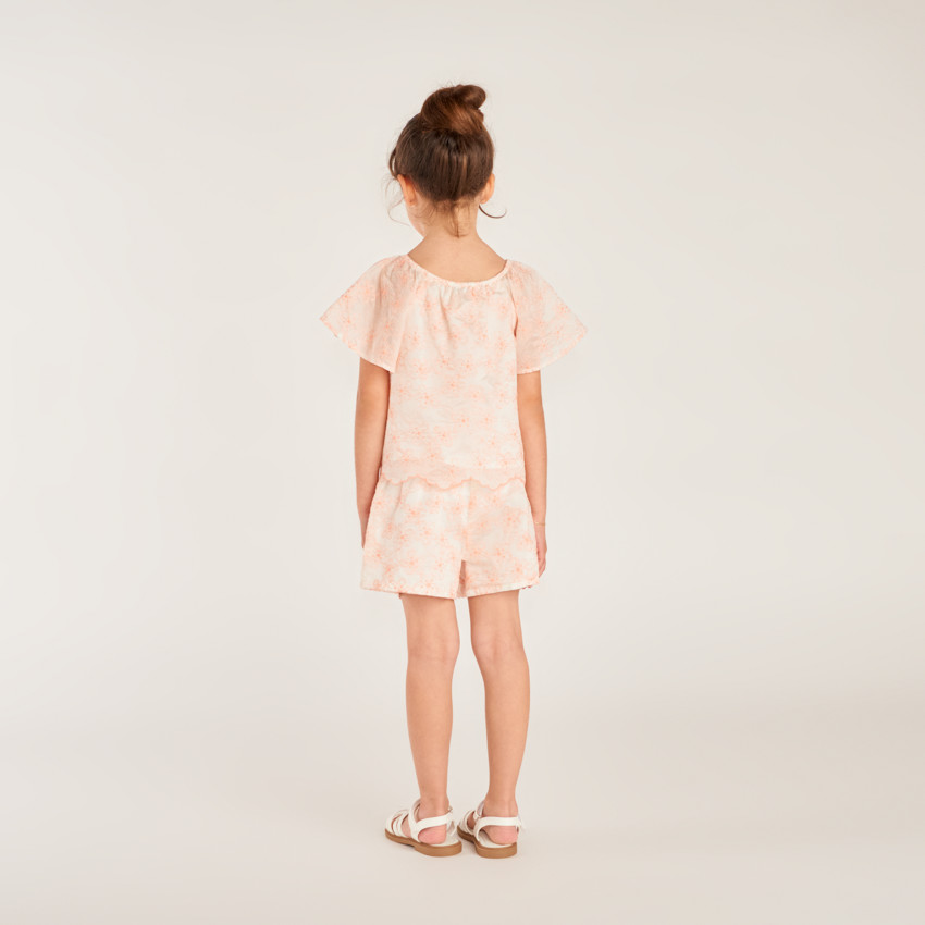 Ensemble 2 pièces t-shirt + short en broderie fleurie bicolore pour fille 
