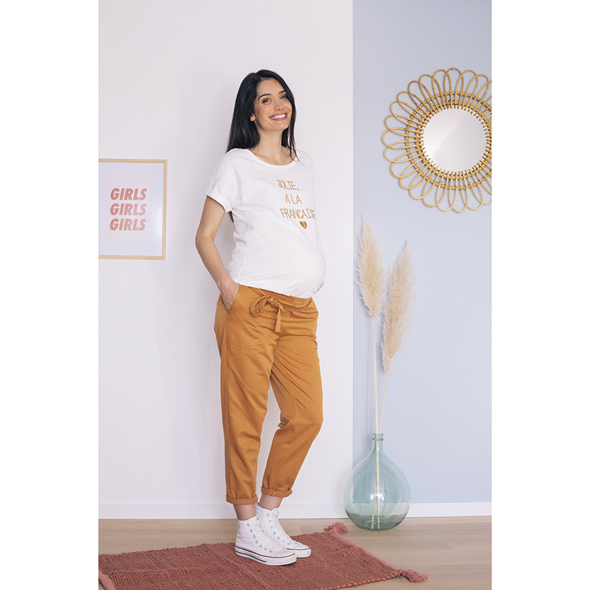 T-shirt de grossesse manches courtes à message doré brodé 