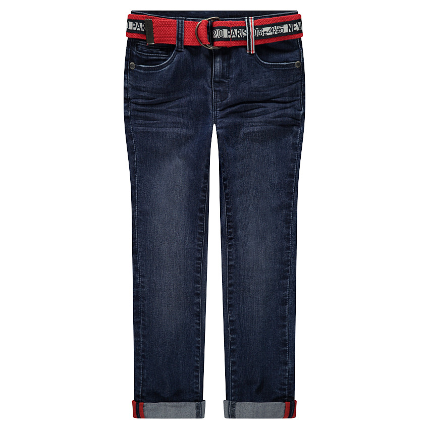 Jean effet used et crinkle avec ceinture rouge imprimée amovible 
