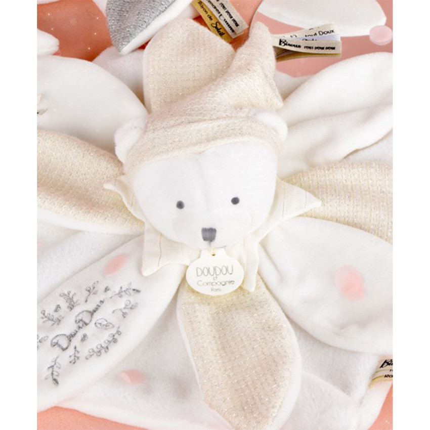 Doudou plat pétales ours 25cm Collector 25 ans Blanc 