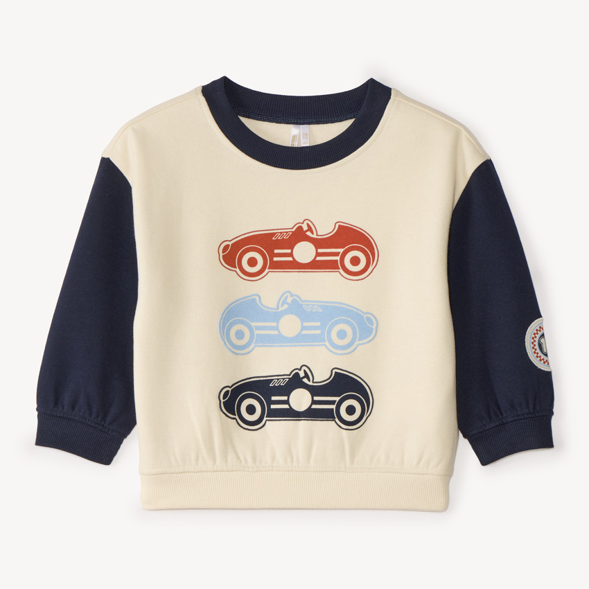 Sweat bébé garçon oversize bicolore à imprimé voitures de course