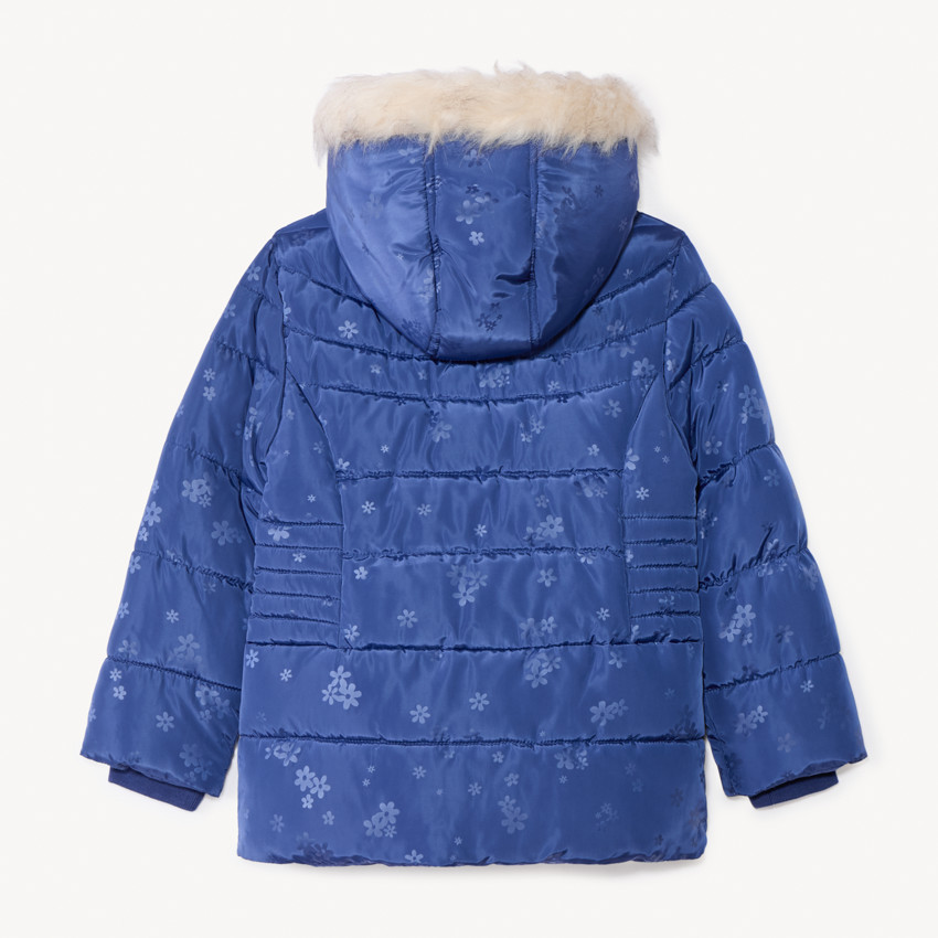 Doudoune longue en toile imprimé et capuche pour bébé fille 