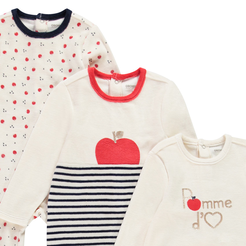 Lot de 3 dors-bien en velours imprimé pommes pour bébé fille 
