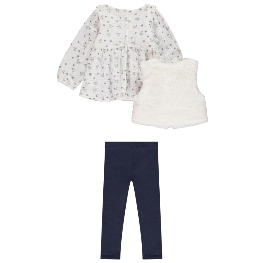 Ensemble 3 pièces tunique imprimé cerfs + gilet en sherpa + caleçon uni pour bébé fille 