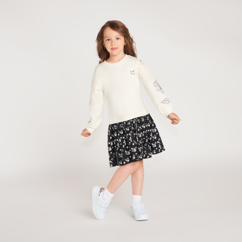 Robe fille bi-matière manches longues broderie fleurie 