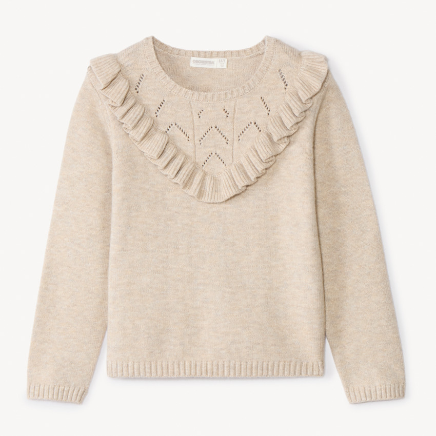 Pull à manches longues en tricot fantaisie avec volants et torsades pour fille 