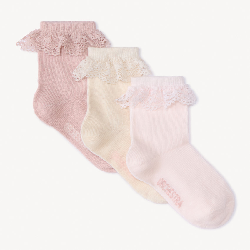 Lot de 3 paires de chaussettes avec collerette en dentelle pour bébé fille