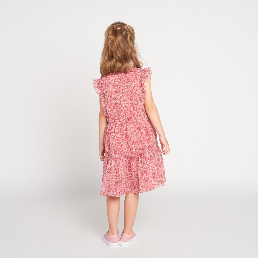 Robe manches courtes volanté et imprimé rose pour fille  