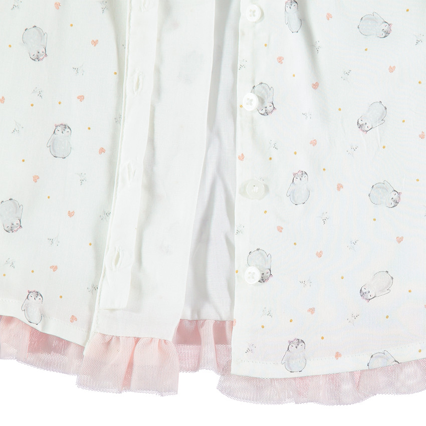 Robe manches longues en coton avec pingouins imprimés all-over et volants 