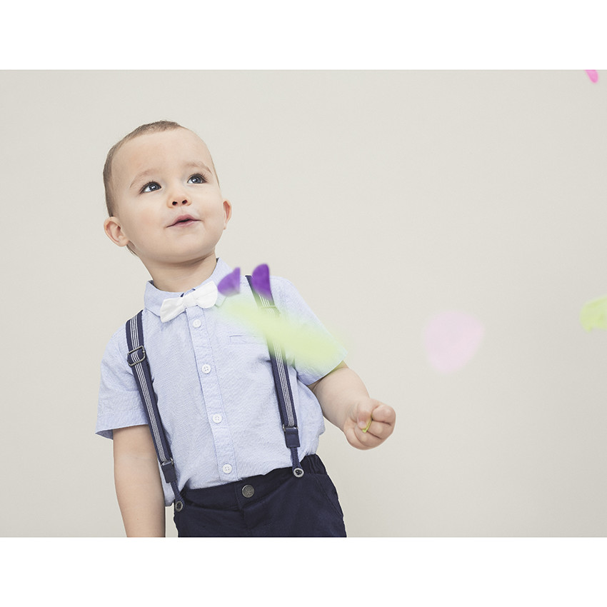 Chemise manches courtes à micro points en jacquard et noeud papillon amovible 