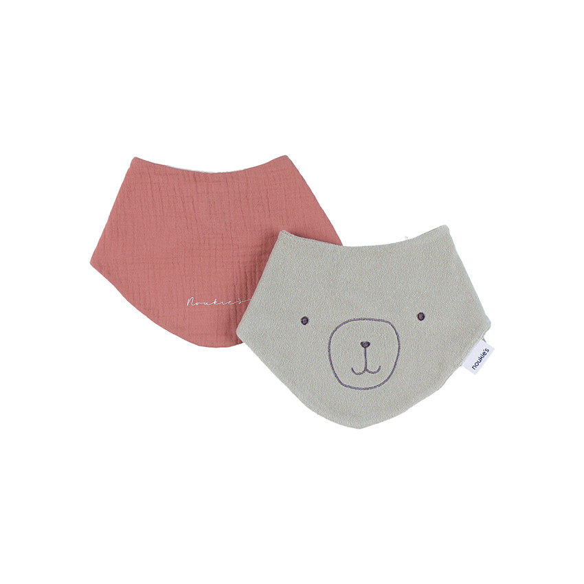 Lot de 2 bavoirs bandanas en gaze et éponge rouge/kaki