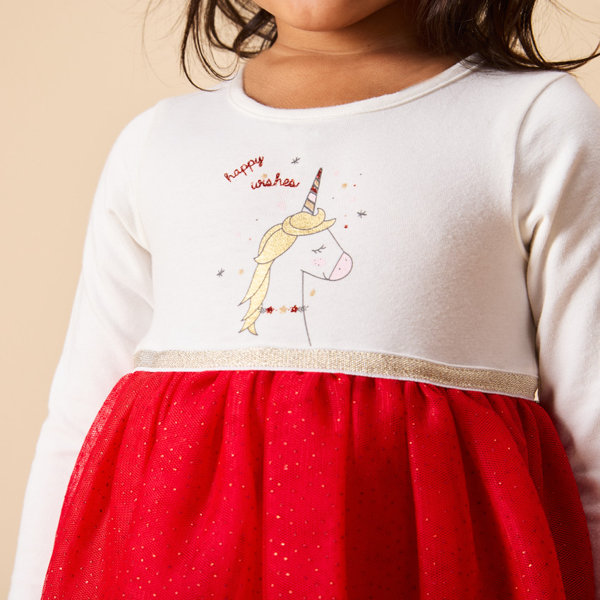 Robe de fête manches longues effet 2 en 1 bi-matière pour bébé fille 