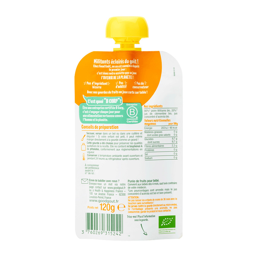 Compote de fruits BIO en gourde 120g poire/clémentine 