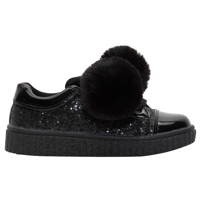 Baskets basses à paillettes noires avec pompons 