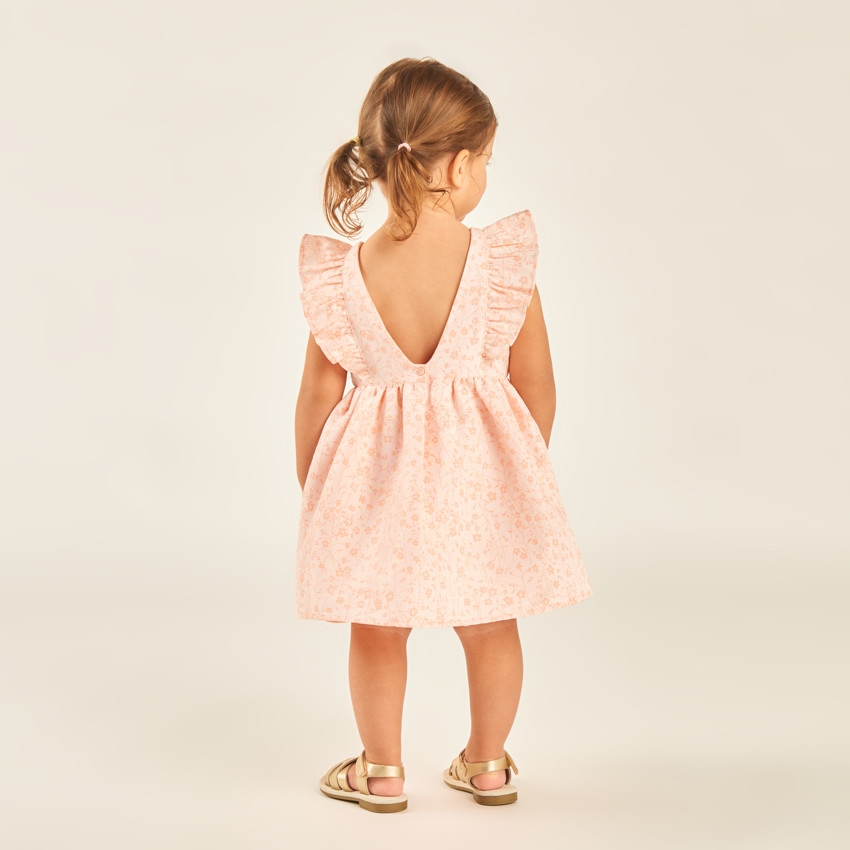 Robe manches courtes volantée à motifs fleuris en jacquard pour bébé fille 