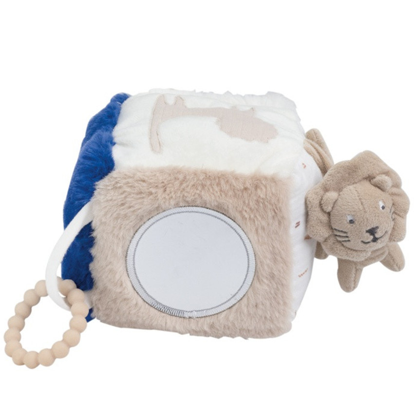 Cube d'activité avec hochet/miroir - Sable/caramel/ bleu roi