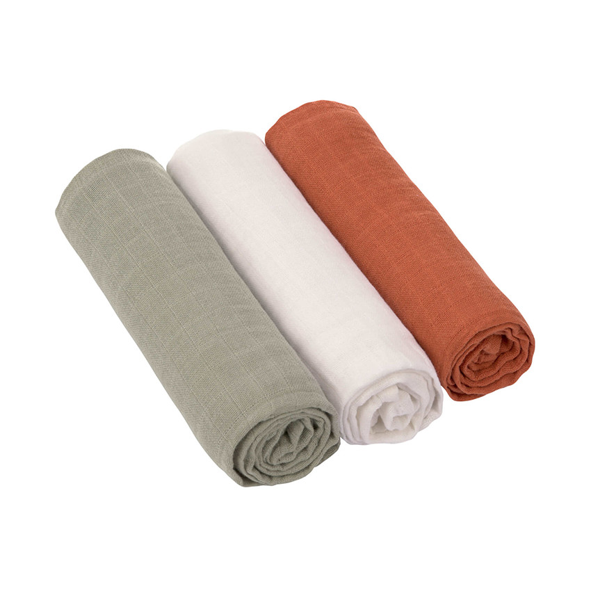 Lot de 3 langes en mousseline rouille/olive/blanc
