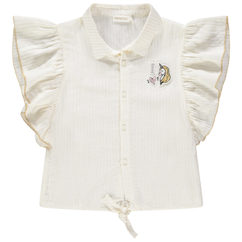 Chemisier rayé à manches volantées et badge licorne  