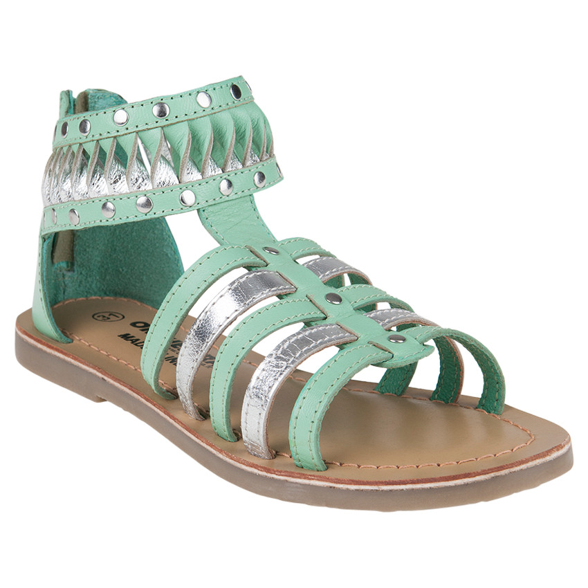 Nu-pieds en cuir style spartiates menthe et argent du 28 au 35 