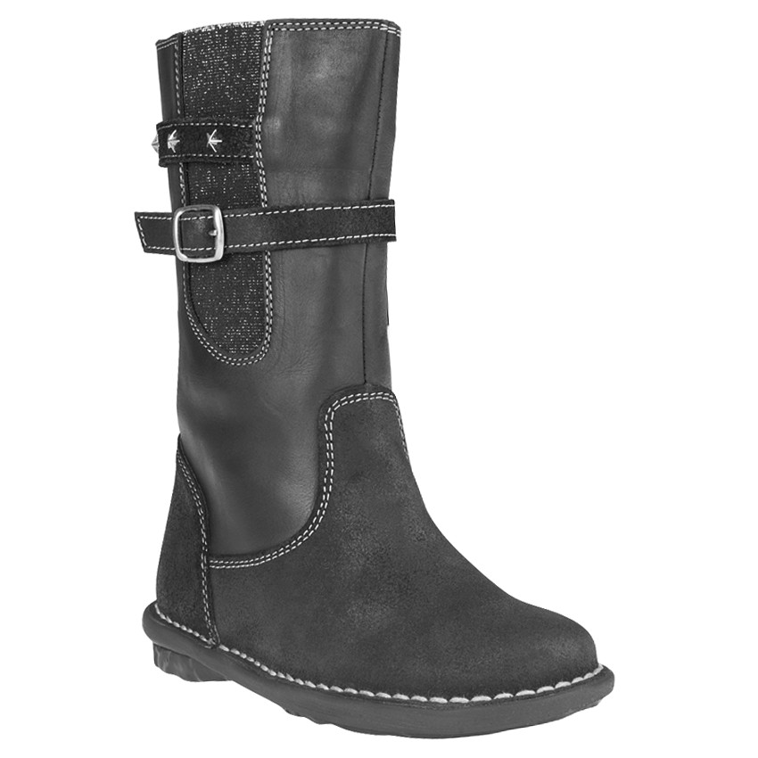 Bottes noires en cuir avec strass, rivets et boucle fantaisie 