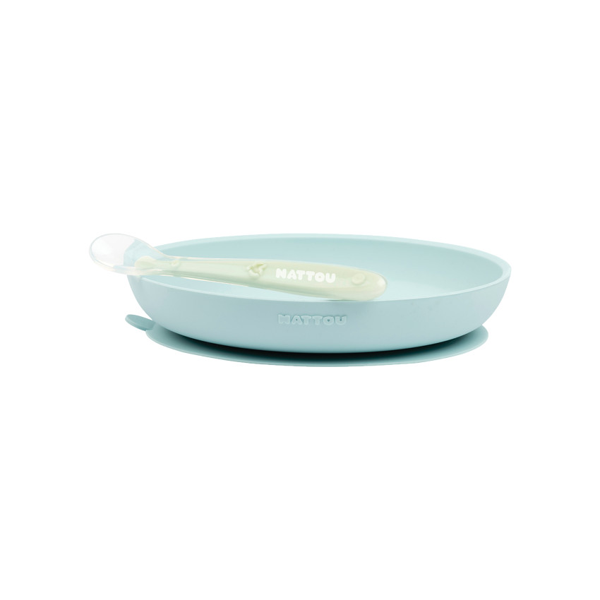 Ensemble assiette + cuillère en silicone - Bleu clair Main Ensemble assiette + cuillère en silicone - Bleu clair