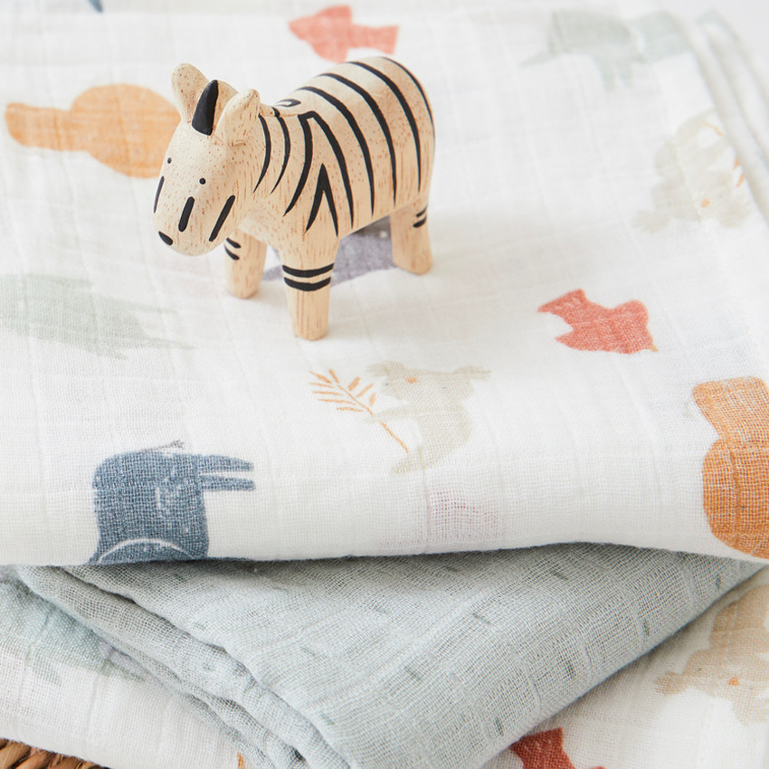 Lot de 3 langes en mousseline imprimé animaux 70 x 70 cm 24M 