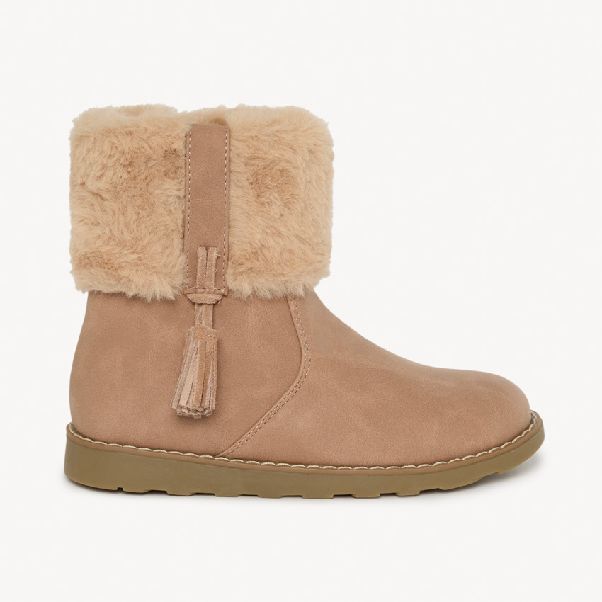 Bottines vieux rose à zip et revers fourrure + pompon pour fille 
